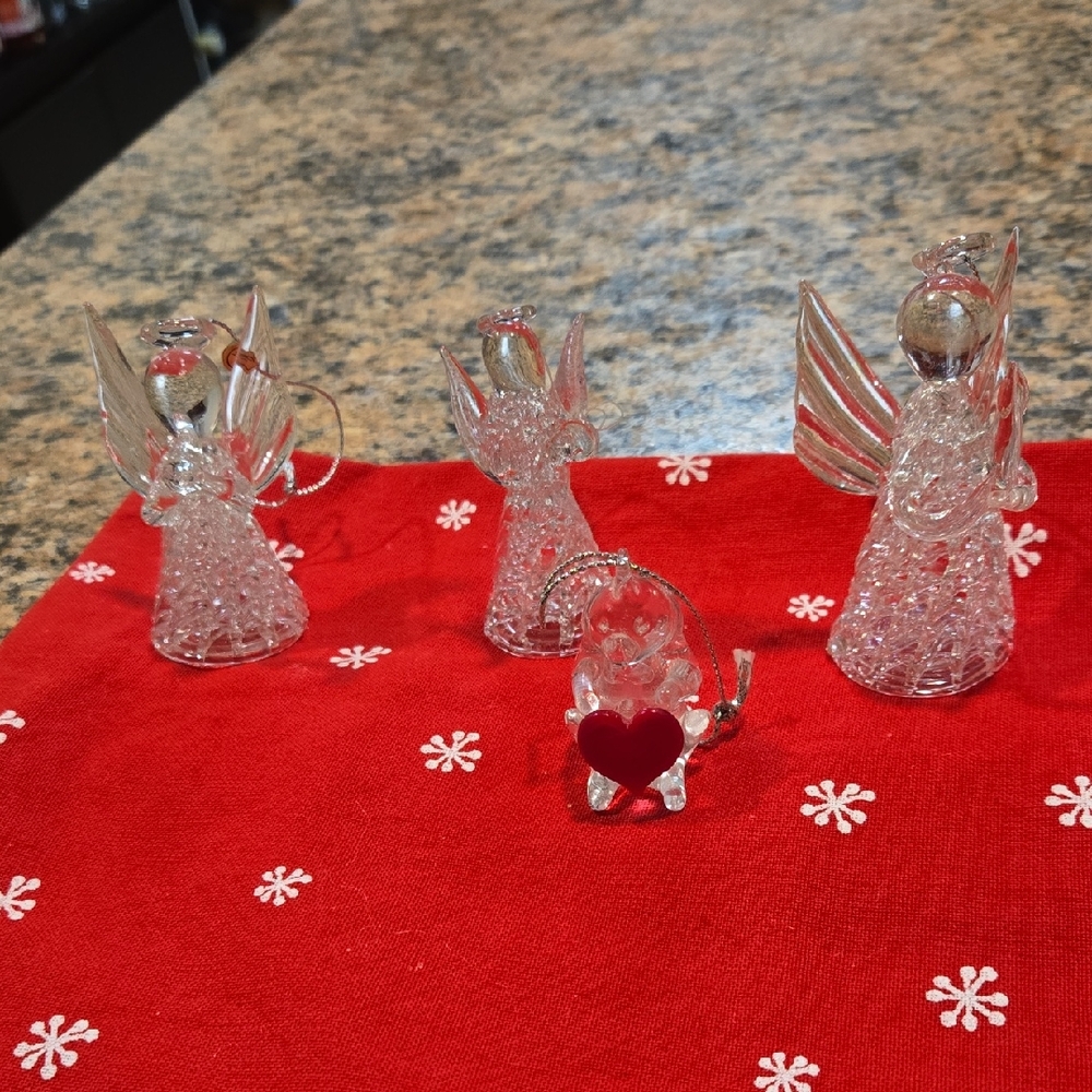 Crystal Angel Ornaments Set Of 3, One Crystal Teddy Bear With Red Heart